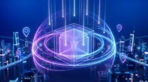 透明な立方体を回転する光の障壁が守り外側に地図ピンのホログラムが浮遊する非店舗型ビジネスのプライバシー保護とGoogleマップ可視化を両立する未来的システムディープブルーとパープルの背景