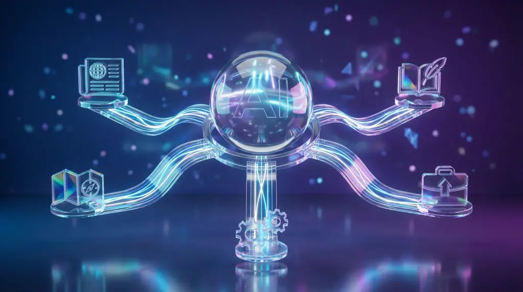 Google検索結果を独占する「5媒体×5パターン」戦略を視覚化。中央の透明な球体（AI人格®）から5つの道が放射状に伸び、各道の先にニュース性・ストーリー性・地域性・経営課題・技術詳細を象徴するアイコンが配置されている。重複コンテンツを回避しながら5つの異なる入口を確保。