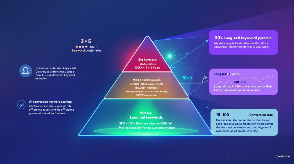 ロングテールキーワード戦略ピラミッド｜ビッグKW（月間10万+・CVR低）vsロングテール（月間10-100・CVR3-5倍高）