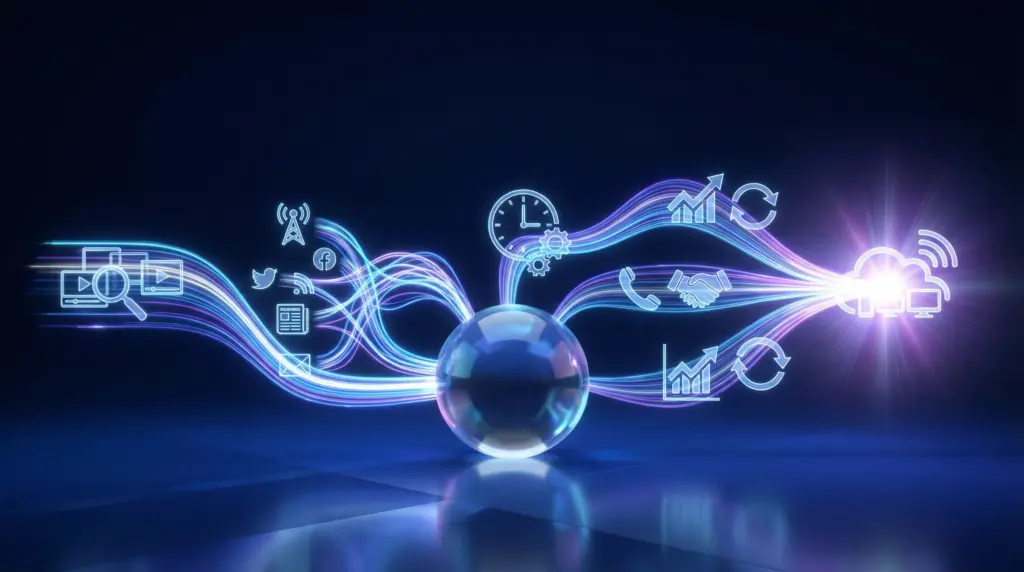 メディア掲載を勝ち取る5つの戦略：①ターゲットメディアの選定と関係構築、②配信方法の選択（ニュースワイヤー、メディアリレーション、SNS）、③最適な配信タイミング、④配信後のフォローアップ、⑤効果測定とPDCAサイクル。中央の球体から5つの光の道が伸びる構図。