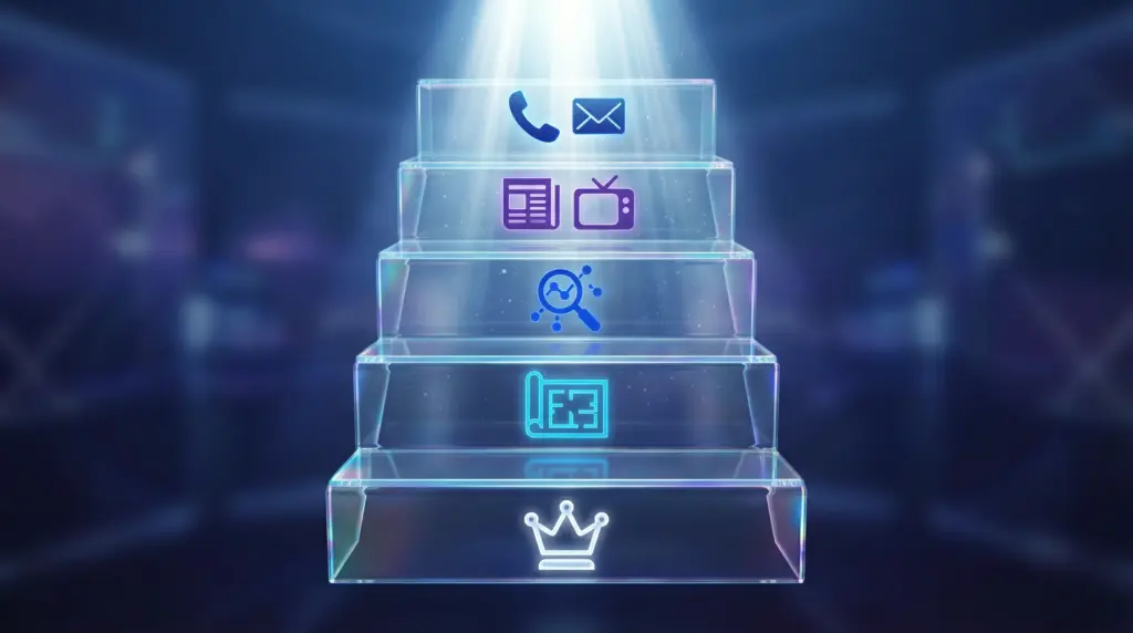 メディアが「欲しい！」と思うプレスリリースの5つの要素：①読者の目を引くキャッチーなタイトル、②結論から書くPREP法、③誰が読んでもわかる客観的な情報、④メディアが求めるニュースバリュー、⑤問い合わせに繋がる工夫。5段の階段で表現。