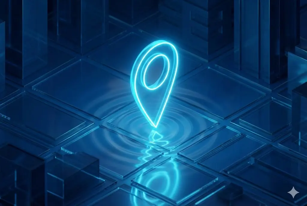 MEO対策の概念図｜地域マップ上で自社店舗が青く発光し発見される様子