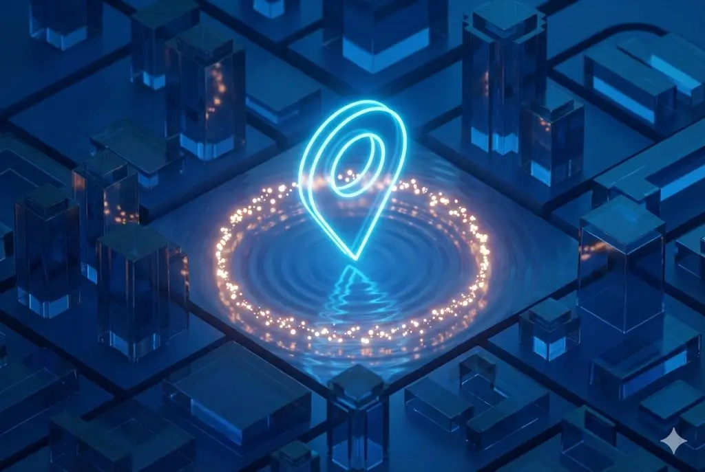 MEOによる地域信頼の構築イメージ｜地図上で光り輝く店舗ピンと口コミの輪