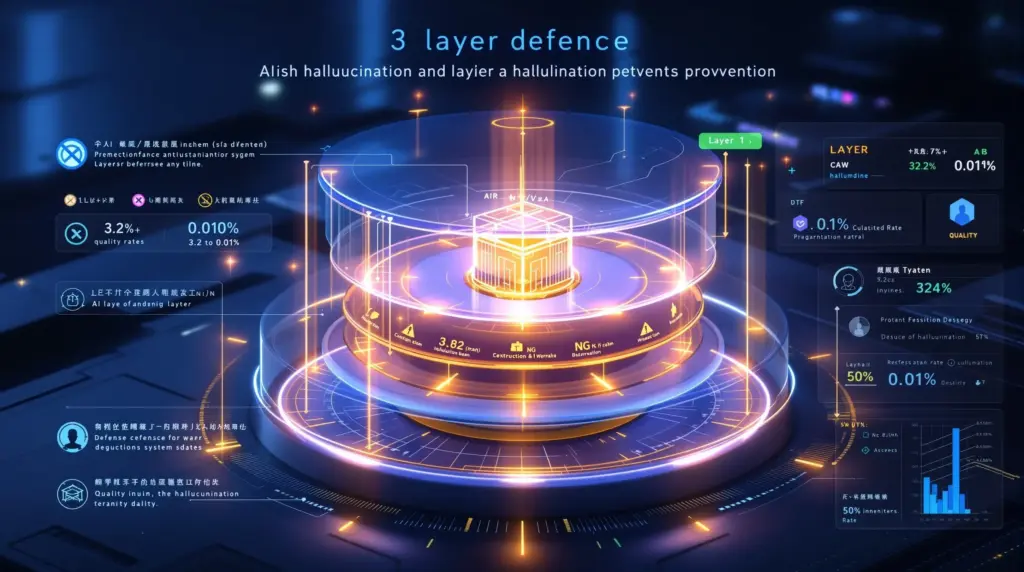 Mirai&式3層防御システム｜AIハルシネーション対策の事前防御・生成時チェック・人間確認