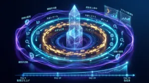 中央の光る新規サイトタワーを囲む3層の光の軌道（コンテンツ・外部シグナル・継続信頼）と手前の30日間タイムライン