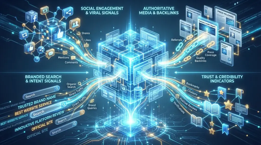 中央のサイトコアへ、SNS・メディア・指名検索・被リンクなど複数の外部源から信号が流れ込み信用を構築する様子