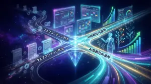 中央の光る分岐路から、左は外注の暗い道、右はAI活用で育つ資産化の明るい道が伸びる未来的なビジュアル