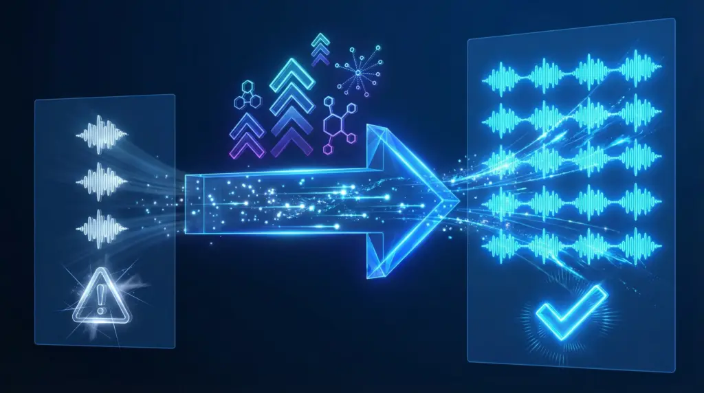 NotebookLM Plusの音声生成制限を比較。左側に3つの音声波形（無料版・Starter版の1日3回制限）、右側に20個の音声波形（Plus版の1日20回）、中央に「6.7倍」を示す矢印が配置されている。