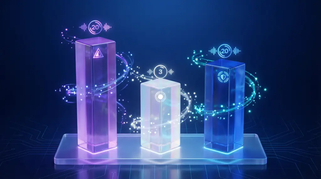 NotebookLM Plusの料金比較表を視覚化。左から個人版（月額2,900円・音声20回/日・セキュリティ△）、Workspace Starter（月額800円・音声3回/日・セキュリティ◯）、Workspace Standard（月額1,600円・音声20回/日・セキュリティ◎）を3つの透明な柱で表現。