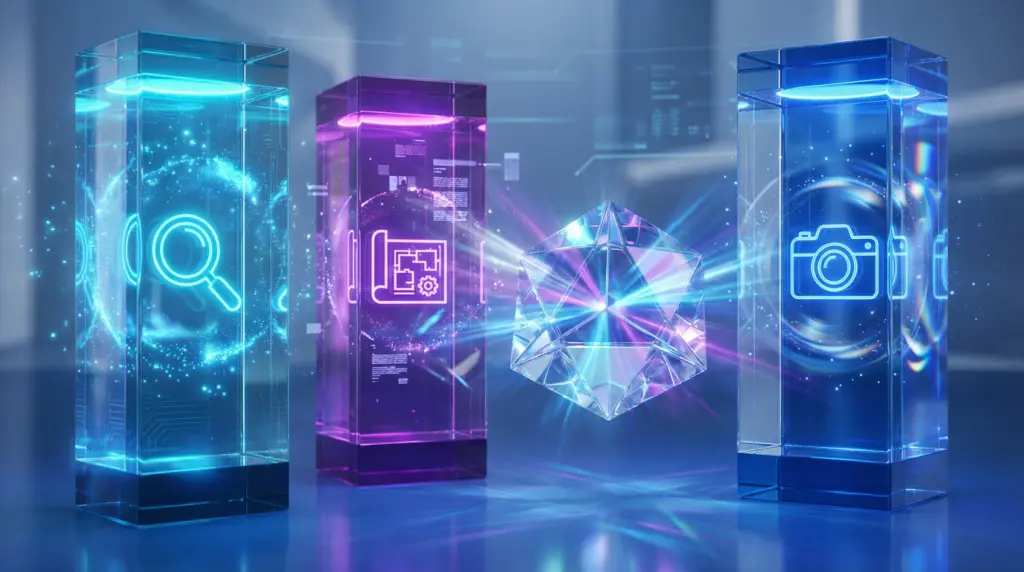 メディアに選ばれるプレスリリースの3つの要素を表現する3本の透明な柱。左から虫眼鏡アイコン（タイトル）、設計図アイコン（本文）、カメラアイコン（ビジュアル）、中央にメディア選別基準を象徴する透明フィルター。