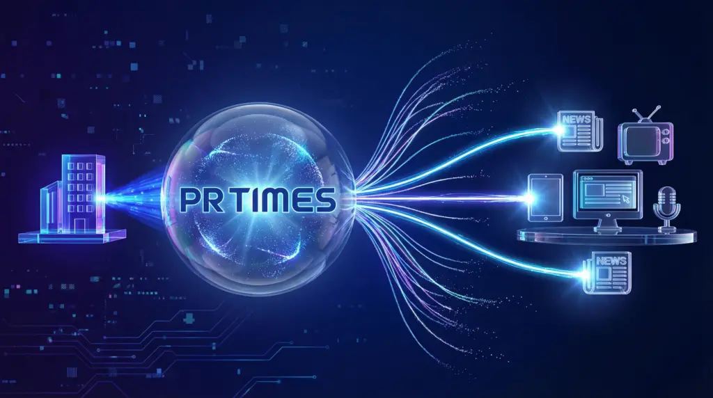 PR TIMESプレスリリース配信プロセスの未来的ビジュアル表現。中央の透明な球体（プレスリリース）から複数の光の道が放射状に伸びるが、大半は途中で消え、一部だけがメディアアイコンに到達する様子を表現。