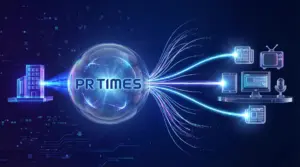 PR TIMESプレスリリース配信プロセスの未来的ビジュアル表現。中央の透明な球体（プレスリリース）から複数の光の道が放射状に伸びるが、大半は途中で消え、一部だけがメディアアイコンに到達する様子を表現。