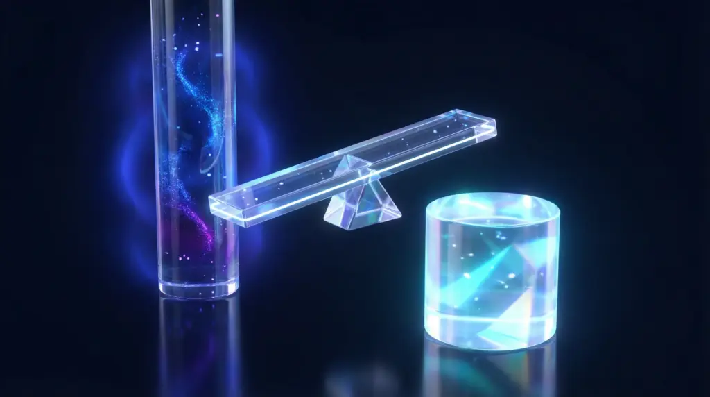 PR TIMES料金プラン比較を表現する2つの透明な柱。左の細長い柱（単発配信・高単価・柔軟性）と右の太く短い柱（定額プラン・低単価・継続性）、中央に天秤が浮かび「費用対効果」を象徴。