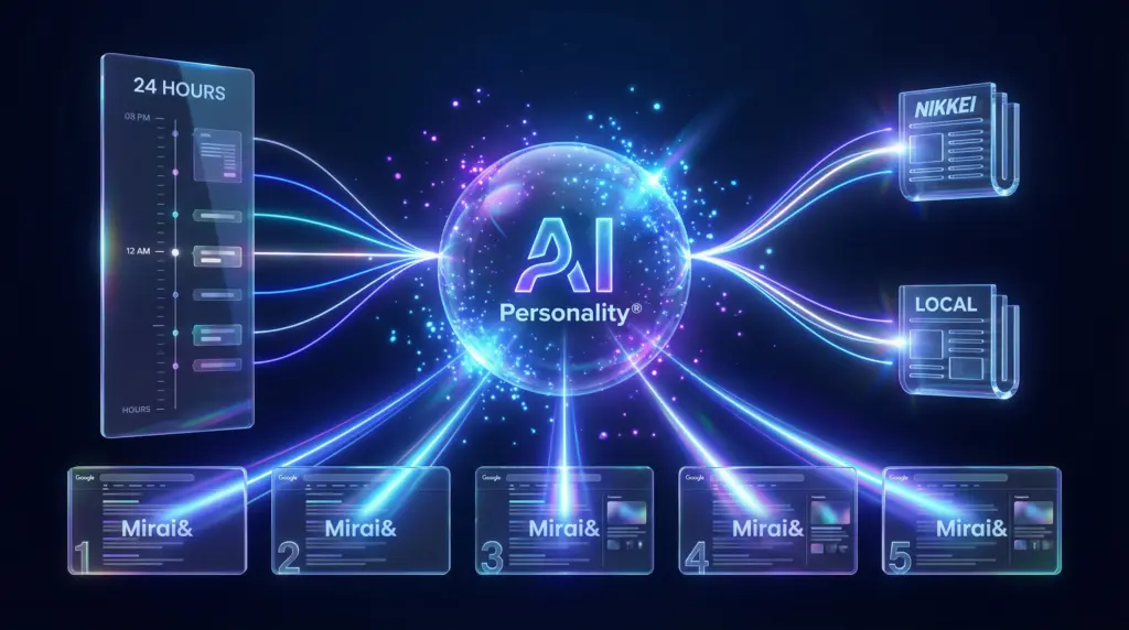 Mirai&「AI人格®」プレスリリース成功事例の視覚化。中央の透明な球体（AI人格®）から光の道が伸び、日経新聞・地方紙アイコンとGoogle検索結果1ページ目（1〜5位、すべてMirai&情報）を強く照らす。