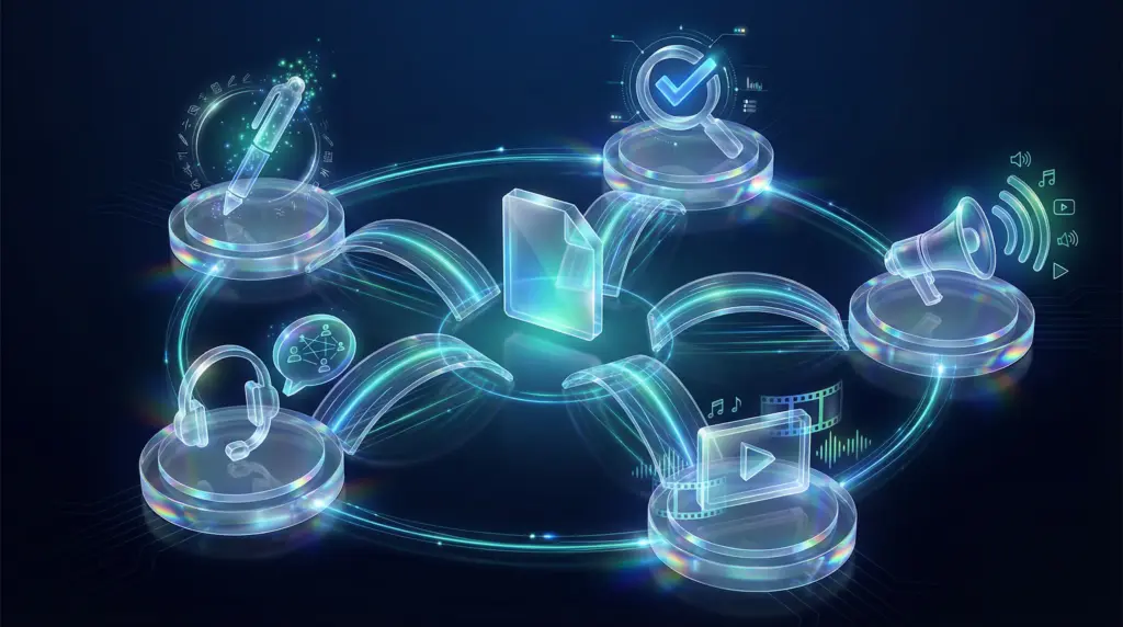 プレスリリース代行サービスの費用内訳5項目。中央のドキュメントアイコンから5つの経路が放射状に伸び、執筆・編集・配信・メディア制作・コンサルティングを示すアイコンが配置された構造