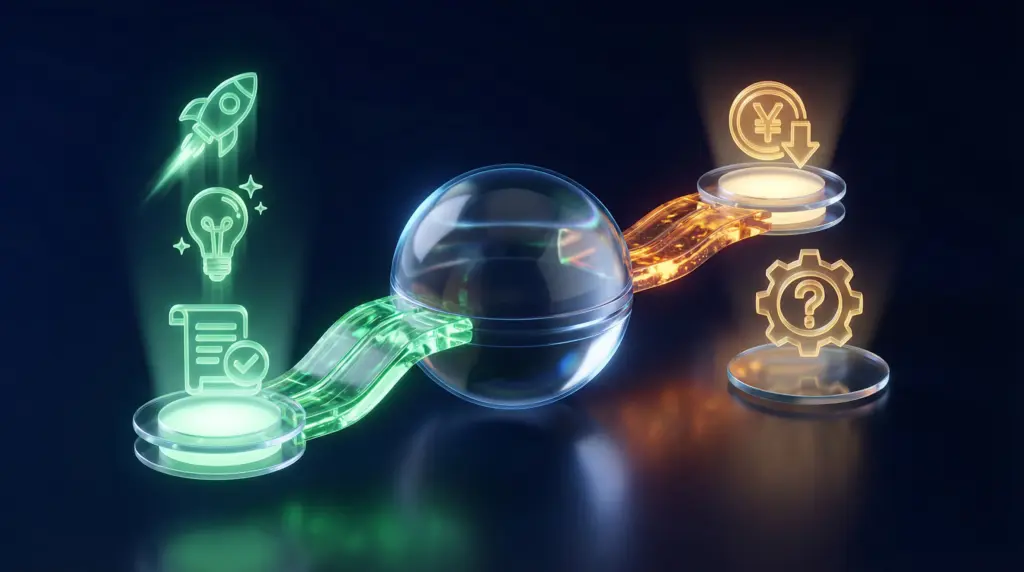 プレスリリース代行サービスのメリット・デメリット比較図。中央の球体から左側に3つのメリット（スピード・専門性・品質）を示す緑の経路、右側に2つのデメリット（コスト・コントロール）を示すオレンジの経路が伸びる構造