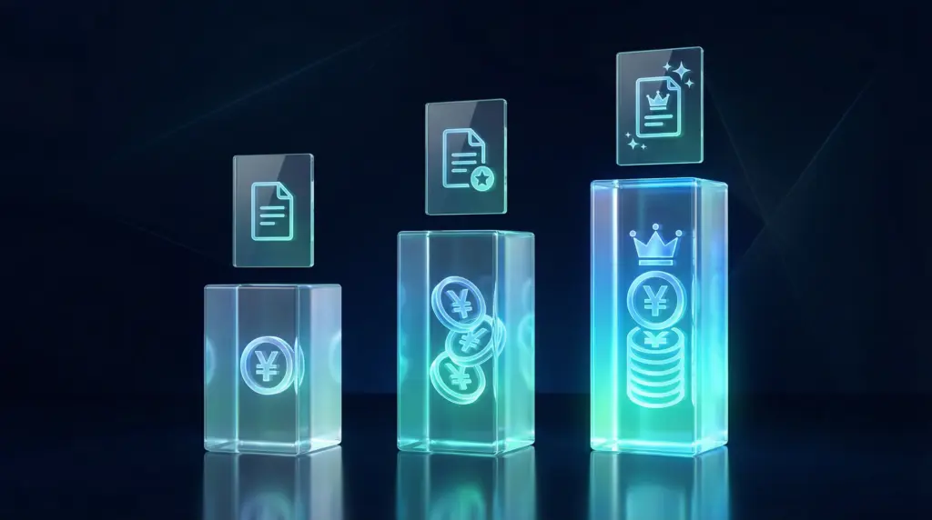 プレスリリース代行サービスの料金体系3段階。左から右に高さが増す3つの透明な柱で、低価格・標準・高価格プランを表現し、各柱の上に対応するドキュメントアイコンが浮かぶ構造