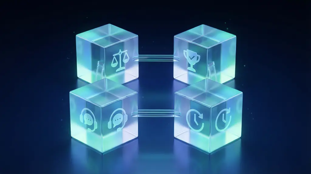 プレスリリース代行サービスの選び方4つの基準。費用対効果・品質・サポート・納期を示す4つの透明なガラスキューブが正方形に配置され、透明なブリッジで接続された構造