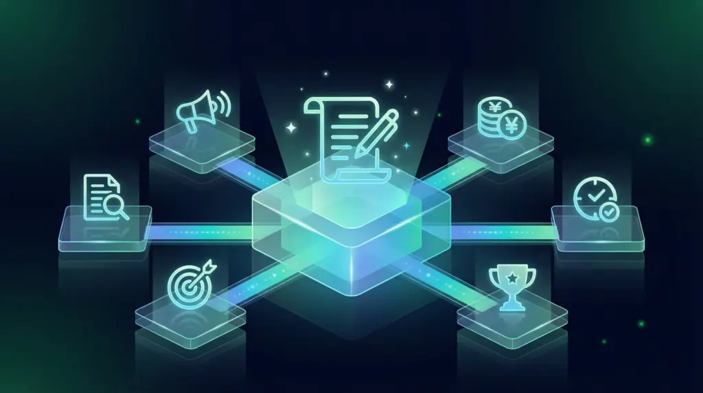 プレスリリース代行サービス6選の比較図。中央に作成代行を示すドキュメントアイコン、周囲に配信・費用・納期・品質・ターゲティング・品質チェックを示す6つのアイコンが配置された透明なホログラム構造