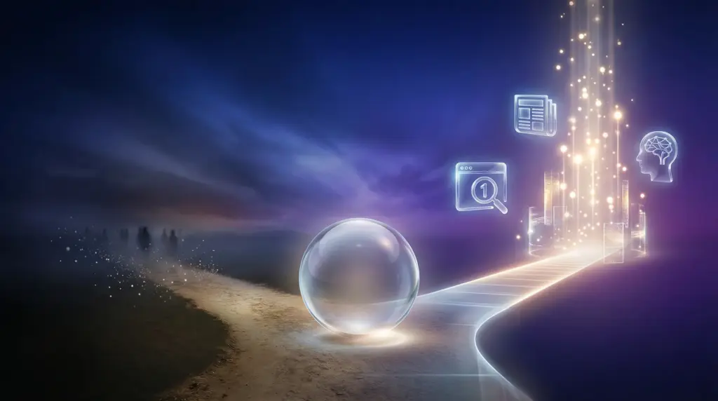 プレスリリースが「一時的な発信」から「長期的な資産」へと変わるプロセスを2つの道で表現。中央の分岐点から、左側は消えていく光（一時的な発信・埋もれる運命）、右側は時間とともに強くなる光の柱（資産化・検索1ページ目独占・メディア掲載・AIアシスタント学習）が伸びている。