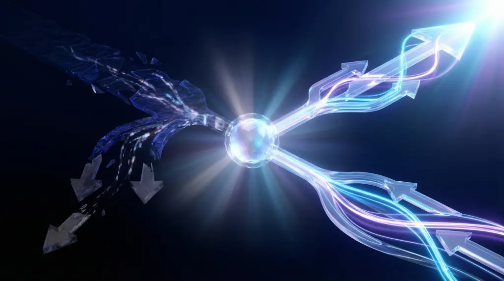 「プレスリリースは意味ない」という誤解から脱却し、5つの戦略でメディア掲載を勝ち取る道筋を視覚化。左側の暗い道（失敗）と右側の明るい道（成功）の対比で、戦略的アプローチの重要性を表現。