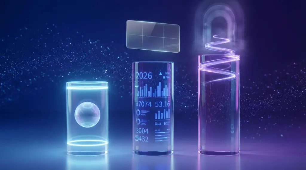 メディアに選ばれる情報の3つの要素を3つの透明な柱で表現。左から順に、①概念の社会実装（新しい概念を示す透明な球体）、②実績とデータ（数字が刻まれた透明な柱）、③未来予感（未来へ伸びる光の道）を配置。中央に「メディアの選択基準」を象徴する透明なフィルターが浮遊。