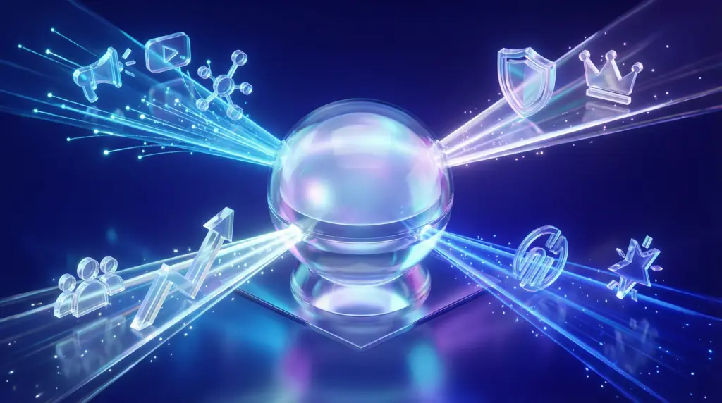 プレスリリースの本来の価値を4つの光で表現：①メディア掲載による認知度向上、②企業・ブランドの信頼性・権威性の獲得、③ブランディングの強化、④社内モチベーションの向上。中央の球体から4つの光の道が放射状に伸びる構図。