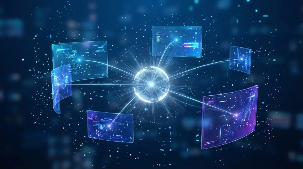 中央にホログラムホワイトの発光球体（公式サイト）、その周囲に5〜6枚の浮遊透明UIパネルが様々なサイズで配置。各パネルはネオンブルー、コバルト、パープルの異なる色合いで、外部メディア、プレスリリースサイト、noteを表現。中央の球体から各パネルへ光のビームが放射状に伸び、ネットワーク構造を形成。