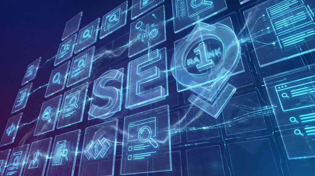 3枚の透明なホログラムパネルが水平に浮遊配置。左パネルはネオンブルーの光（商標・特許）、中央パネルはコバルトの光（調査リリース）、右パネルはパープルの光（オフィス移転・新店舗）を放つ。各パネル内部には抽象的な幾何学構造が表示され、細い光のラインが3枚のパネルを水平に接続。