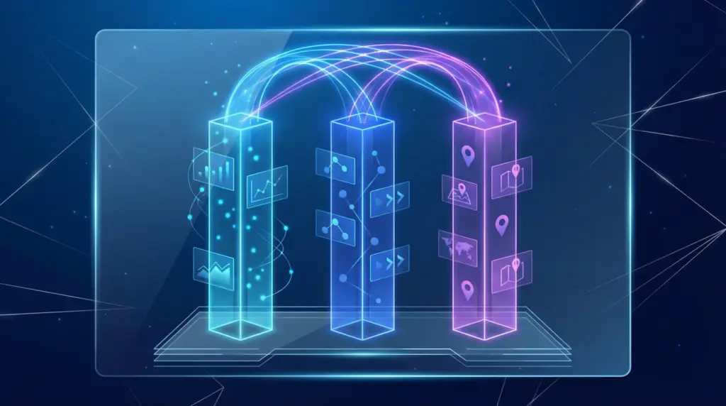 3本の垂直な透明アクリル柱が並列配置され、左柱はネオンブルー（指名検索独占）、中央柱はコバルト（被リンク獲得）、右柱はパープル（地域SEO）の光を内包。各柱内部には浮遊UIパネルと抽象的なデータ可視化が表示。上部で3本の柱が光のビームで接続され、統一されたアーチ構造を形成。