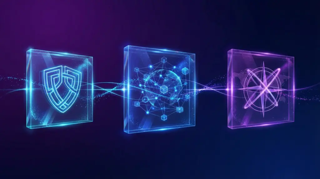 3枚の透明なホログラムパネルが水平に浮遊配置。左パネルはネオンブルーの光（商標・特許）、中央パネルはコバルトの光（調査リリース）、右パネルはパープルの光（オフィス移転・新店舗）を放つ。各パネル内部には抽象的な幾何学構造が表示され、細い光のラインが3枚のパネルを水平に接続。