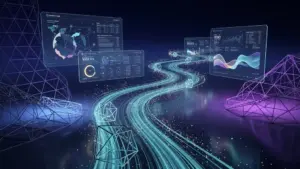 検索上位の本質を示す光の流れ、幾何学的データ構造から温かな光が遠くの誰かへ届く瞬間を透明パネルと光粒子で表現