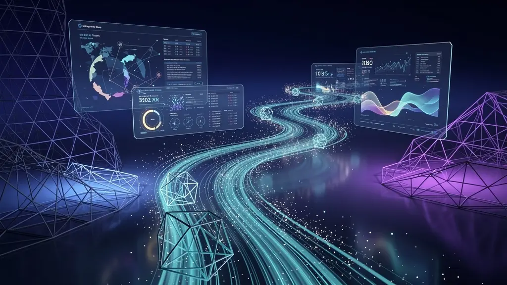 検索上位の本質を示す光の流れ、幾何学的データ構造から温かな光が遠くの誰かへ届く瞬間を透明パネルと光粒子で表現