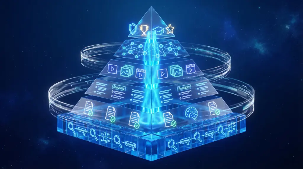 SEOに強いWebコンテンツの要素を表現した多層構造。キーワード選定、質の高い情報、読みやすさ、リッチコンテンツ、リンク最適化、E-E-A-Tという6つの層が積み重なり、ネオンブルーの光が貫通している。