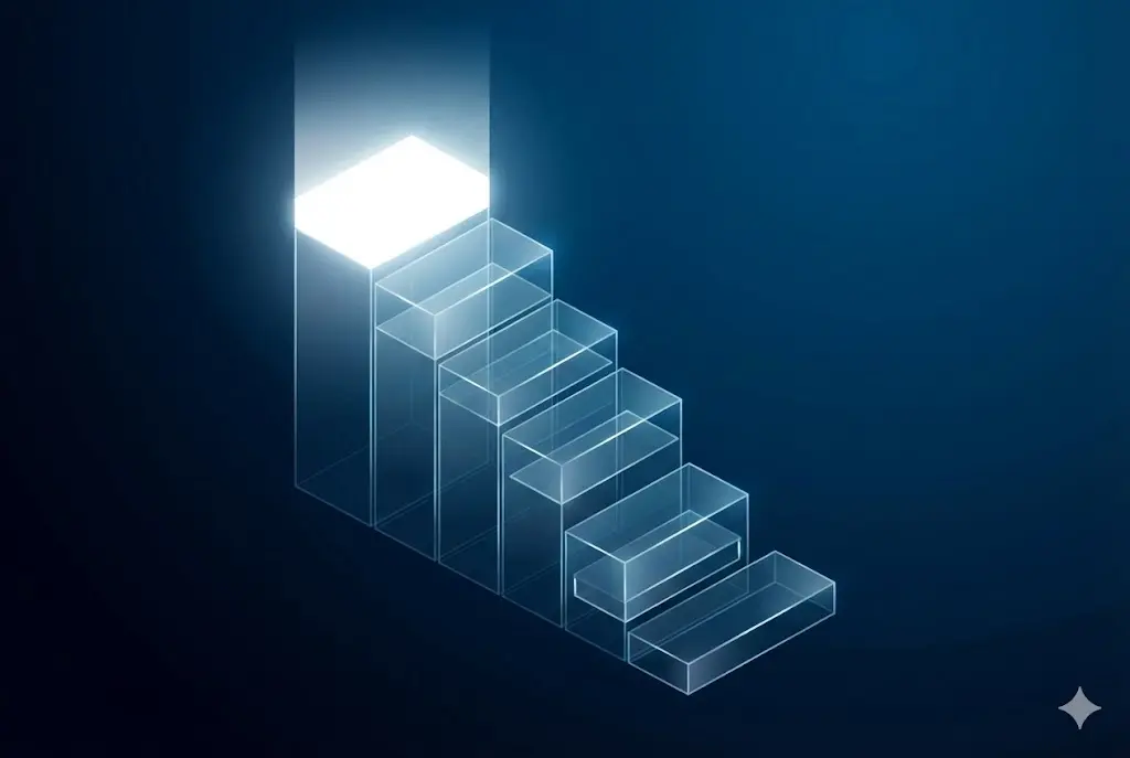 SEO検索順位上昇の概念図｜光の階段を上り詰め頂点で輝くガラスのブロック