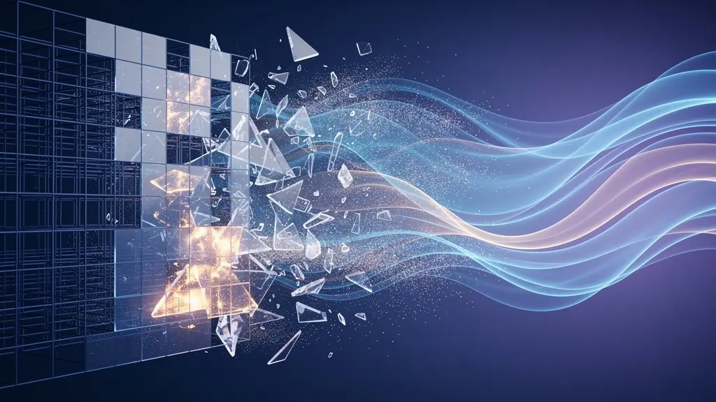 SEOの本質的転換を示す概念図、冷たいワイヤーフレーム構造が温かい有機的光の流れへ変容する様子