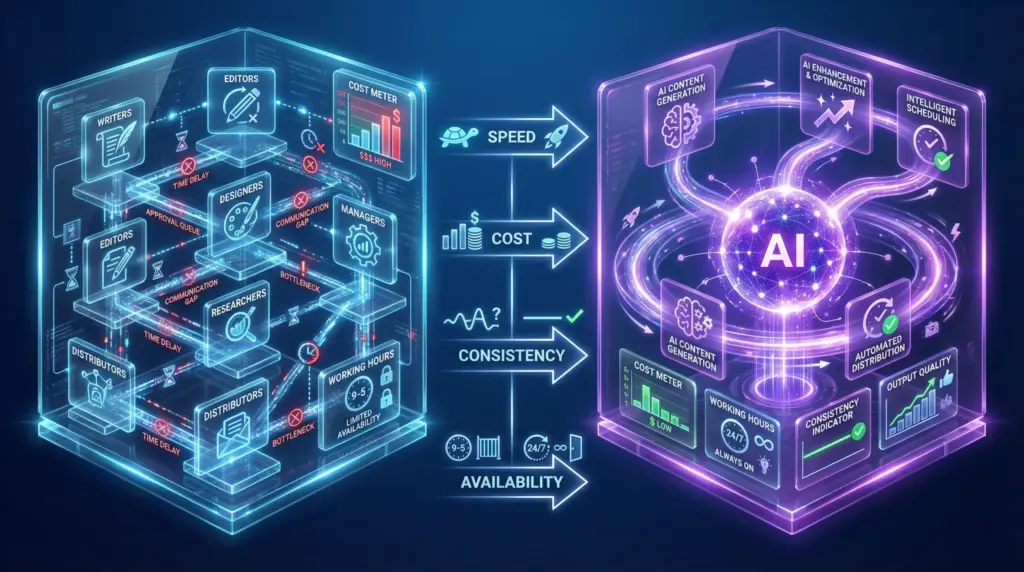 2つの異なる透明プラットフォームが左右に配置。左プラットフォーム（従来アプローチ、ネオンブルー）は複雑な多層構造で、異なる人間の役割（ライター、編集者、マネージャー）を表す複数の浮遊パネルが配置され、遅い光のビーム（時間遅延指標付き）で接続、コストメーターが高い値を表示、労働時間制限（9-5時計シンボル）を表示。右プラットフォーム（AIアプローチ、パープル）は合理化された統一構造で、中央に発光するAIコア球体が配置され、より速い光のビームフローが連続24時間の円形パターンで流れ、コストメーターが低い値を表示、一貫性指標が安定した出力品質を表示。2つのプラットフォーム間に、ホログラムホワイトの比較矢印が主要な差別化要因を指摘：速度（亀 vs ロケットシンボル）、コスト（高 vs 低の棒グラフ）、一貫性（波線 vs 直線）、可用性（限定時間 vs 24/7円）。