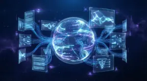 Webコンテンツの種類と流通を表現した未来的なホログラフィックエコシステム。ブログ、動画、インフォグラフィック、LPなど多様なコンテンツ形式が透明なパネルに表示され、ネオンブルーのデータストリームで相互接続されている。