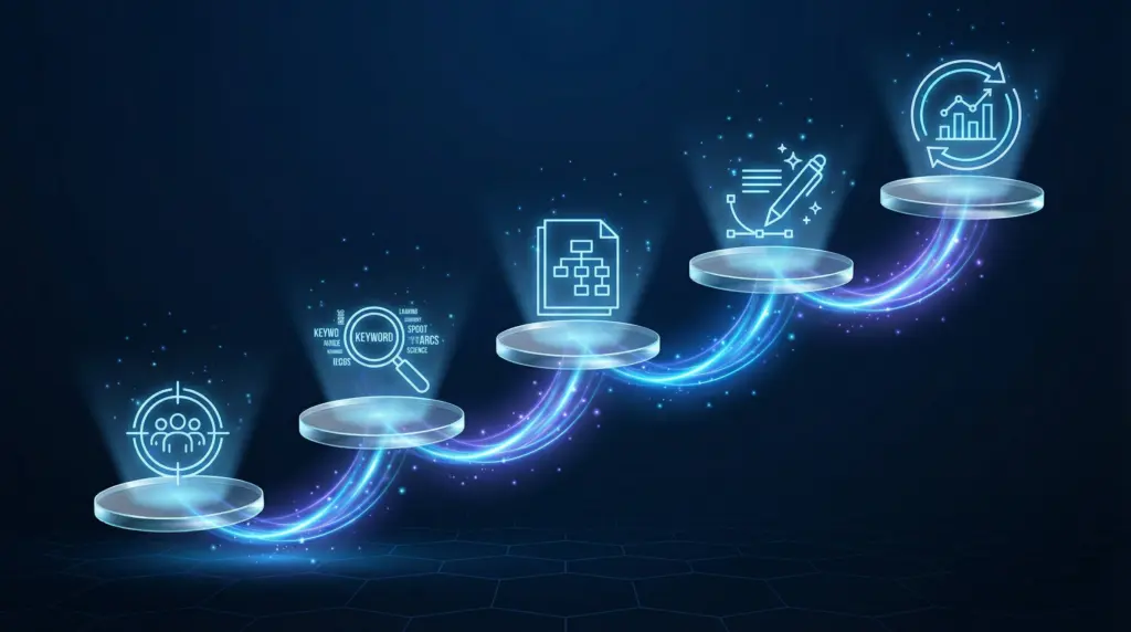 Webコンテンツ作成の5ステップを表現したフロー図。ターゲット明確化、キーワード選定、構成案作成、コンテンツ制作、分析改善という5つのプラットフォームが階段状に配置され、ネオンブルーの光で接続されている。