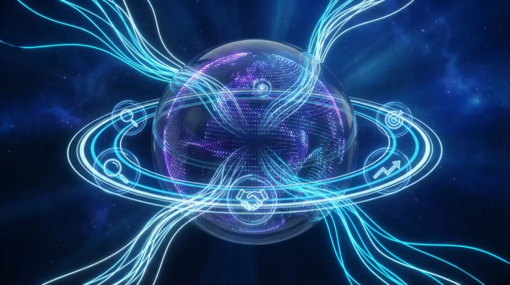 Webコンテンツの定義と重要性を象徴する透明な球体。四方八方から情報ストリームが流れ込み、内部で構造化されて価値あるコンテンツへと変換される様子を表現。