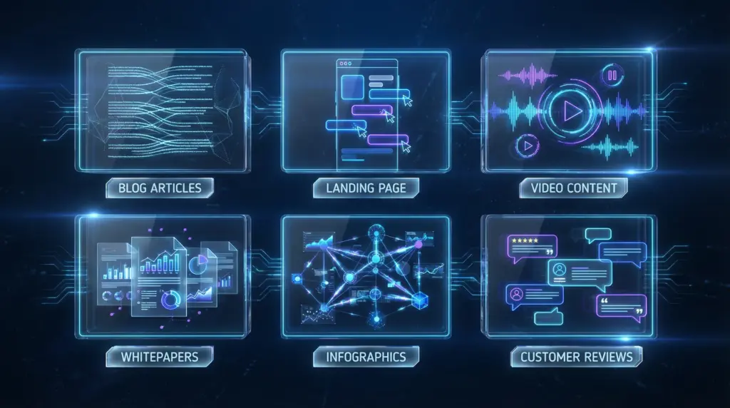 Webコンテンツの多様な種類を表現したデジタルライブラリ。ブログ記事、LP、動画、ホワイトペーパー、インフォグラフィック、顧客の声など、6つの透明パネルに各形式が抽象的に表示されている。