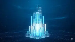 Web集客の資産化を象徴するイメージ｜時間をかけて結晶化し積み上がる青い光の構造体