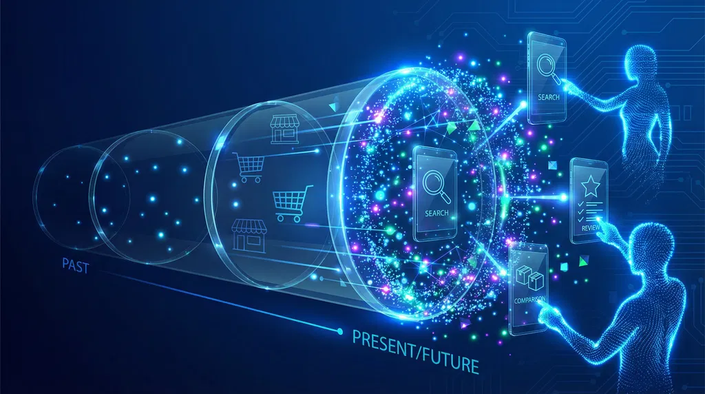 左（過去）から右（現在/未来）へ延びる透明な円筒形タイムライン構造。左側は疎らなネオンブルーの光の粒子（伝統的な消費者行動）、右側は密に相互接続された光の粒子ネットワークと浮遊するスマートフォン型ホログラムパネル（現代のデジタル消費者行動）。光の粒子で構成された抽象的な人型シルエット（リアルな人物ではない）が、検索、レビュー、比較活動を示す浮遊UIパネルと相互作用。