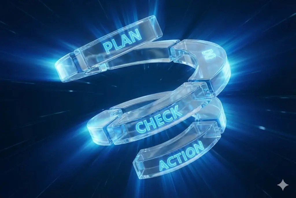 Web集客のPDCAサイクル図解｜計画・実行・評価・改善が循環し上昇する光のループ