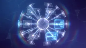 中央にホログラムホワイトの発光球体（ウェブサイト/ビジネス）が配置され、全方向に光のビームを放射。球体の周囲に球状パターンで複数の透明UIパネルが浮遊配置され、各パネルは異なるチャネル（検索エンジン、SNS、コンテンツ、広告）を表現。中央球体から各パネルへ光の粒子が流れ、情報配信を象徴。接続を受け取ったパネルはネオンブルーに発光し、成功したリーチを表現。