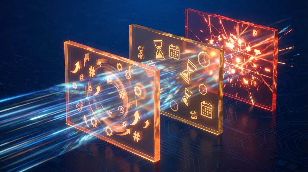 奥行きパースで配置された3つの透明な障壁構造。手前の障壁は急速に変化するトレンドシンボルとアルゴリズムアイコンをオレンジ色のホログラム光で表示（継続的な学習が必要）、中央の障壁は砂時計とカレンダーシンボルを琥珀色の光で表示（時間投資）、奥の障壁は複数の競合する光源を赤オレンジで表示（競合）。左側からのビジネス努力を表す光のビームが障壁を部分的に貫通するが、抵抗と屈折を示し、課題克服の困難さを象徴。