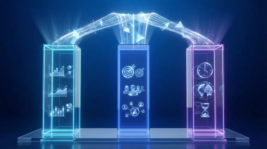 3本の透明アクリル柱が並列配置。左柱（ネオンブルー）は浮遊するチャートとグラフ（費用対効果とデータ可視化）、中央柱（コバルト）はターゲットシンボルと人口統計アイコン（精密ターゲティング）、右柱（パープル）は時計と地球シンボル（24時間365日グローバルリーチ）。各柱は内部にホログラムディスプレイで抽象的なメトリクスを表示。3本の柱の上部で光のビームが収束し、ホログラムホワイトに発光する統合アーチ構造を形成。 3本の透明アクリル柱が並列配置。左柱（ネオンブルー）は浮遊するチャートとグラフ（費用対効果とデータ可視化）、中央柱（コバルト）はターゲットシンボルと人口統計アイコン（精密ターゲティング）、右柱（パープル）は時計と地球シンボル（24時間365日グローバルリーチ）。各柱は内部にホログラムディスプレイで抽象的なメトリクスを表示。3本の柱の上部で光のビームが収束し、ホログラムホワイトに発光する統合アーチ構造を形成。
