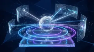 中央の透明アクリルプラットフォームに発光するホログラムホワイトの球体（ビジネスコア）が配置。その周囲に3つの同心円状の光のリング：内側リング（ネオンブルー）はペルソナ/ターゲットシンボル、中間リング（コバルト）は目標/KPIメトリクス、外側リング（パープル）は予算/リソースアイコンを表示。中央球体から軌道配置された浮遊透明UIパネルへ光のビームが接続し、各パネルは抽象的な戦略要素を表示。