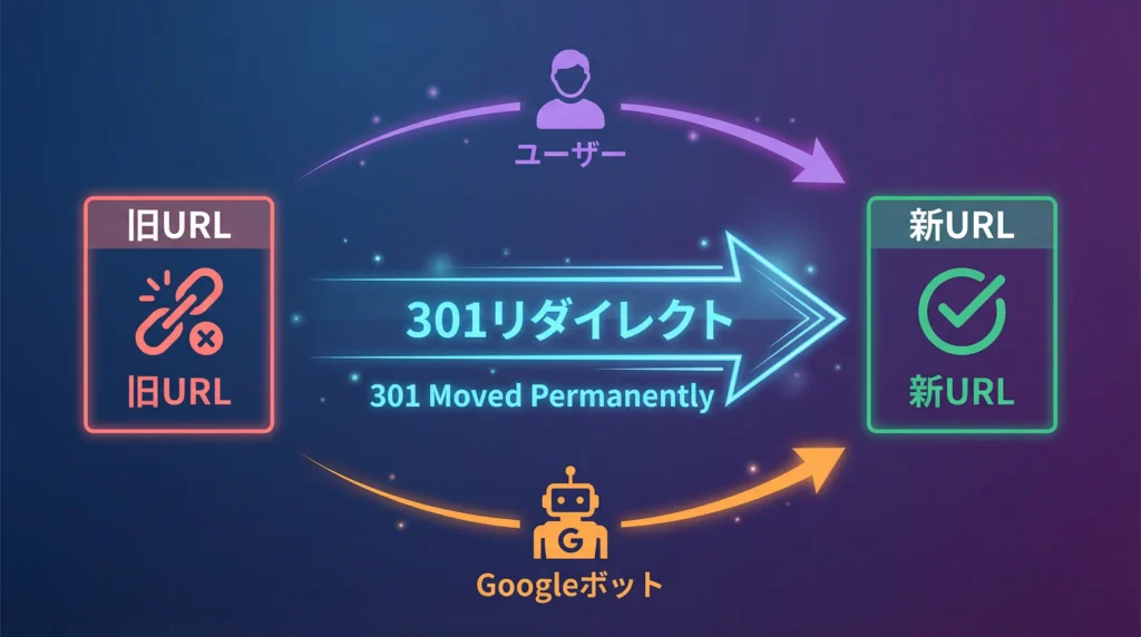 301リダイレクトの仕組みを示すフロー図。左側の旧URL(破損リンクアイコン)から中央の301リダイレクト(大きな矢印)を経由して右側の新URL(チェックマークアイコン)へ遷移する流れを表示。ユーザーとGooglebotの両方の経路を図示