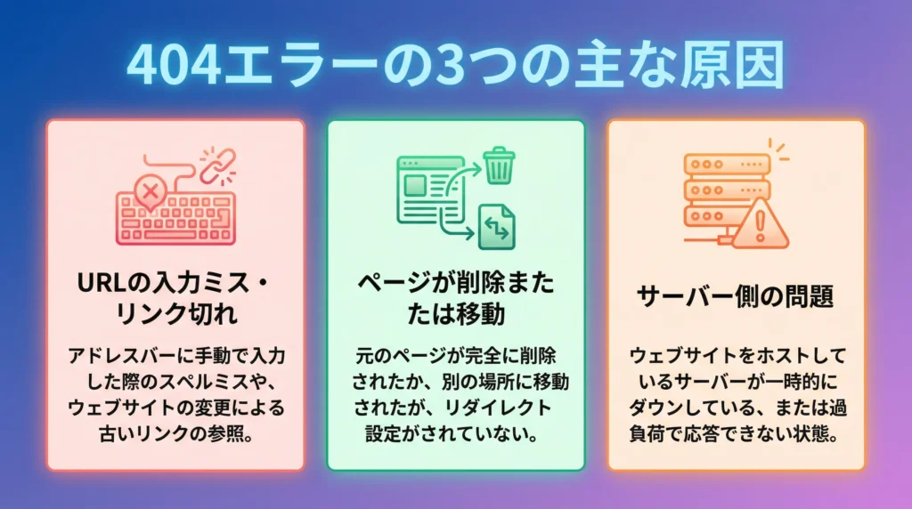 404エラーの3つの主な原因を示すインフォグラフィック。左からURLの入力ミス・リンク切れ(コーラルピンク)、ページが削除または移動(エメラルドグリーン)、サーバー側の問題(オレンジ)の3列で構成